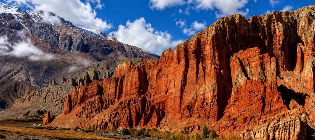 Red cliffs and desert landscape in Upper Mustang, one of the most interesting facts about Nepal