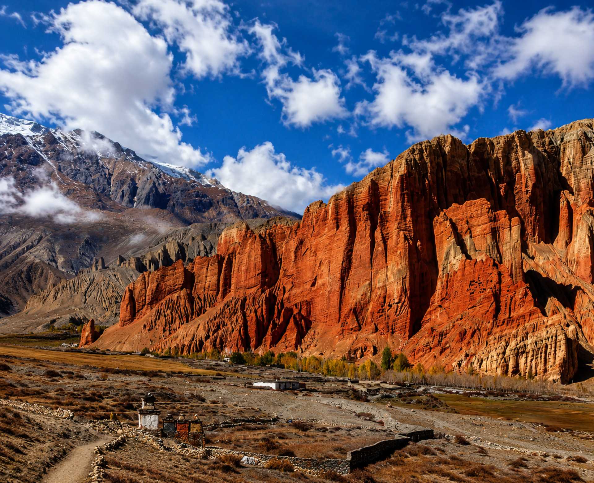 Red cliffs and desert landscape in Upper Mustang, one of the most interesting facts about Nepal