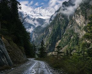 Manang Valley Road – Scenic Himalayan Drive in Nepal Manang Valley Road winding through the Himalayas with snow-capped mountains and pine forests in Nepal