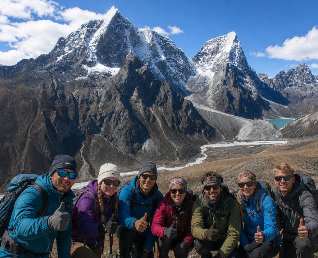 Trekkers enjoying the panoramic mountain views during the Nangkartshang Peak Trek in Nepal's Everest region.