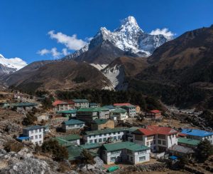 Traditional tea houses in Dingboche below the mountains near Nangkartshang in Nepal's Everest region.