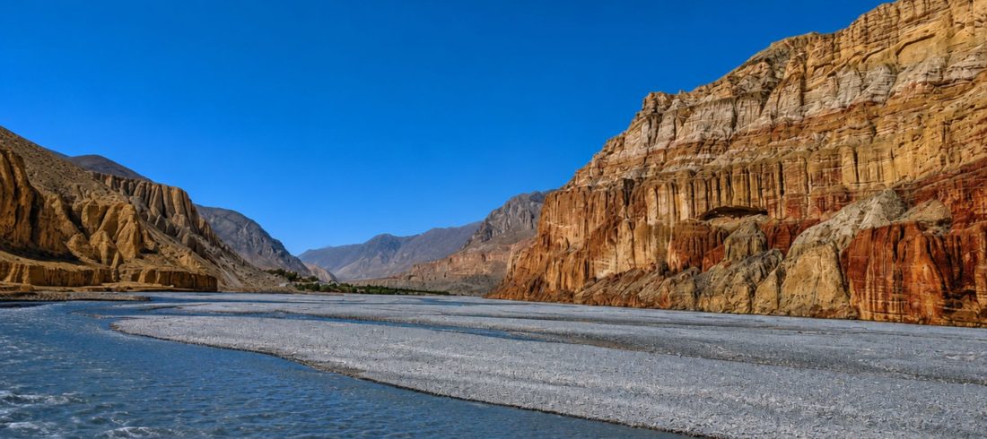 Kali Gandaki valley in Upper Mustang, Nepal with red cliffs and river