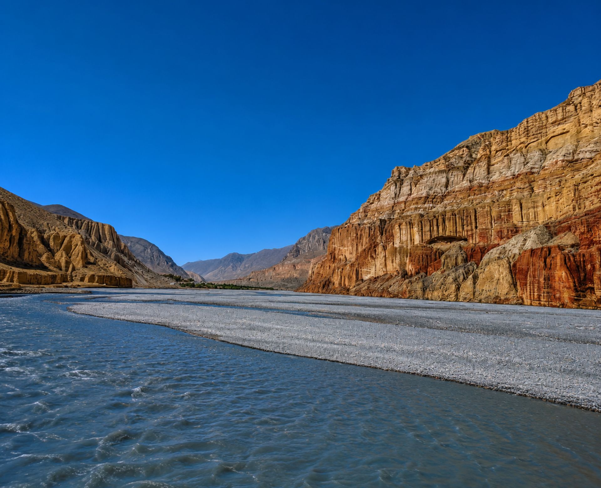 Kali Gandaki valley in Upper Mustang, Nepal with red cliffs and river