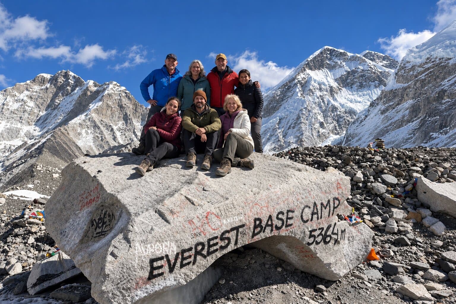 A group of seven happy trekkers sitting and standing on the iconic graffiti-painted Everest Base Camp rock marker at 5,364 meters during a clear autumn day in Nepal.