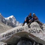 Everest region treks autumn — Himalayan peaks under clear blue sky