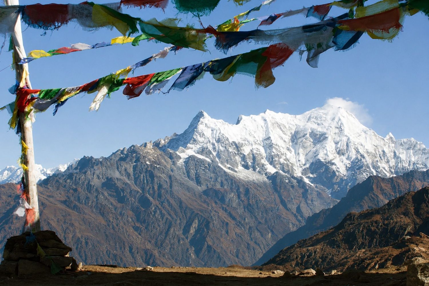 Mountain view from the Tamang Heritage Trail with prayer flags