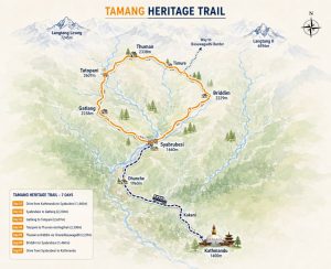Tamang Heritage Trail Route Map Tamang Heritage Trail route map from Kathmandu through Syabrubesi and Tamang villages