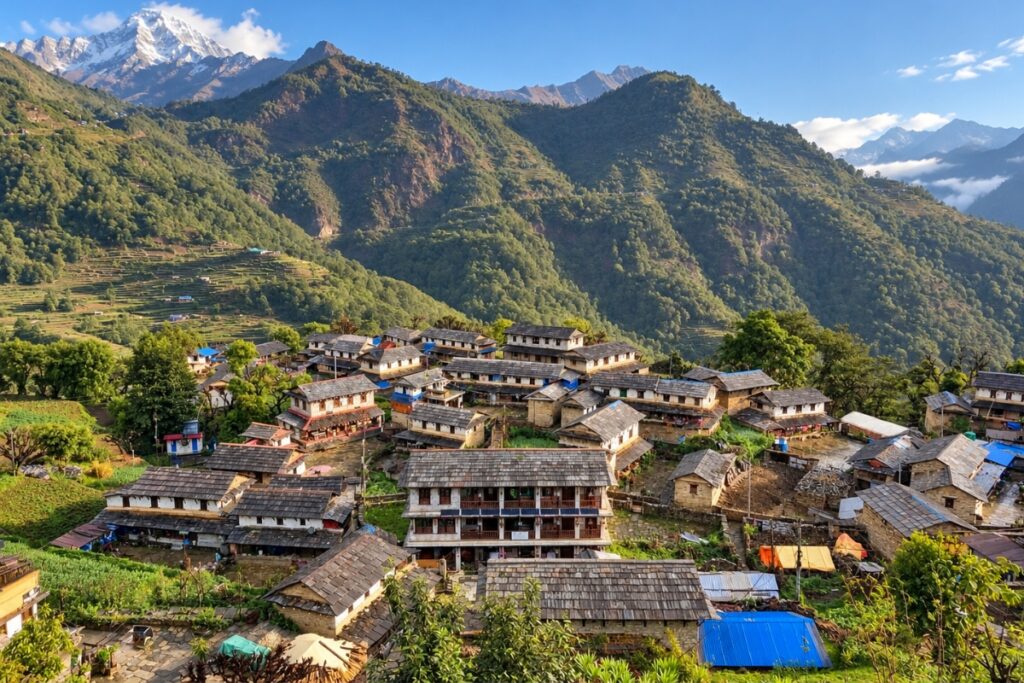 Ghandruk Village with Annapurna mountain views on the Poon Hill Ghorepani Trek