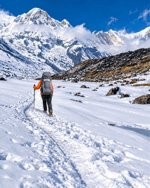 Solo trekker walking on a snowy trail toward Annapurna Base Camp