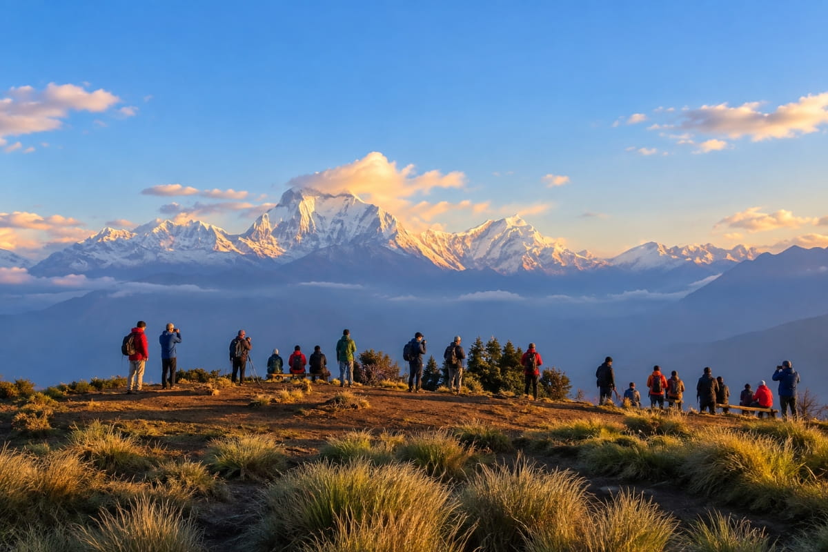 A group of trekkers gathered on the Poon Hill viewpoint ridge watching the golden morning sun light up the snow-capped Dhaulagiri peak in Nepal.