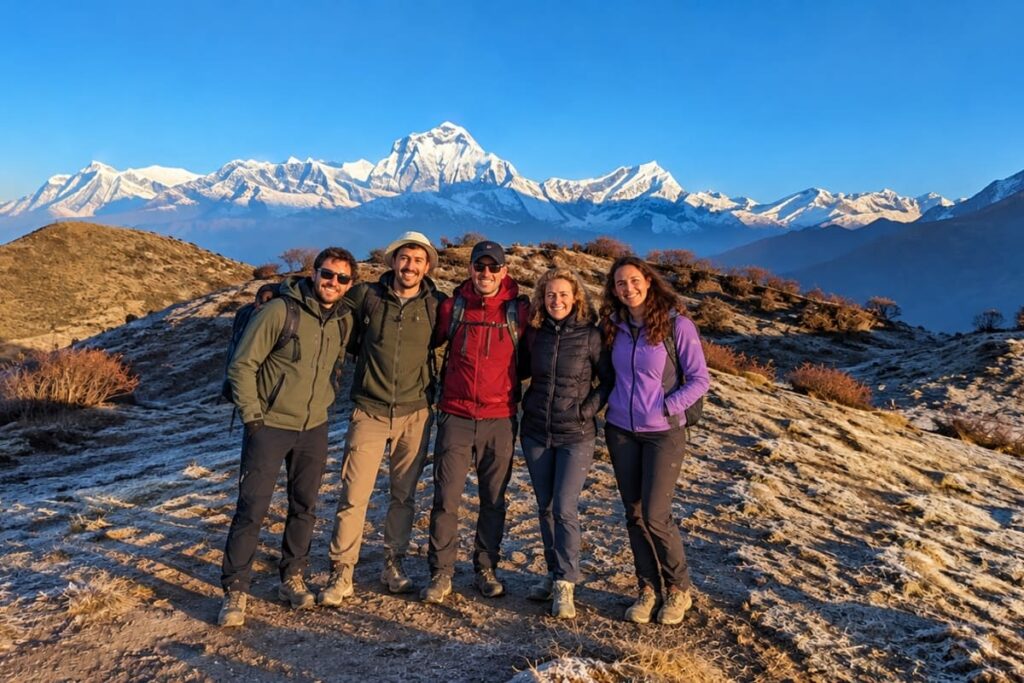 Trekkers smiling together with Mount Dhaulagiri and the Annapurna foothills in the background on the Dhaulagiri Annapurna Community Trek.