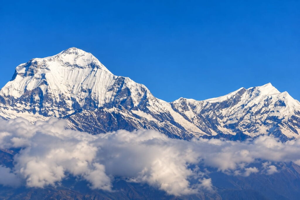 Snow-covered Himalayan mountains in the Dhaulagiri Annapurna region of Nepal