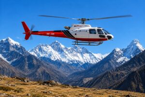 Helicopter flying over the Himalayas during an Everest Base Camp helicopter tour in Nepal