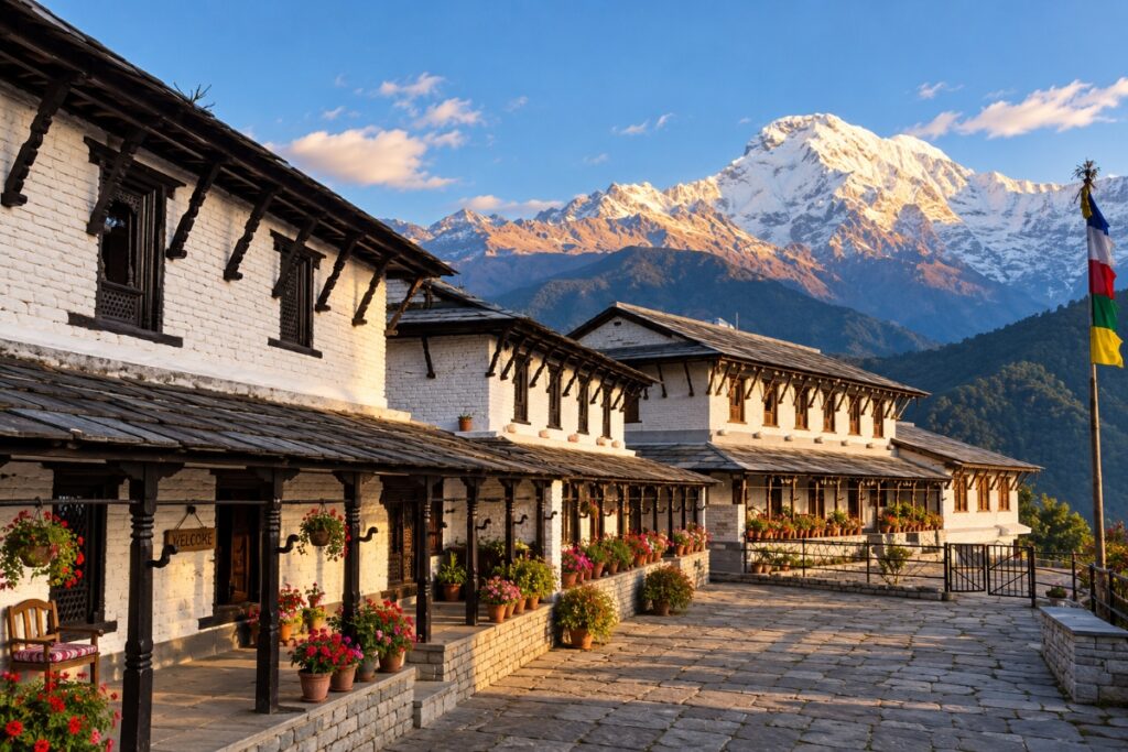 Traditional teahouse in Ghandruk with Annapurna South in the background