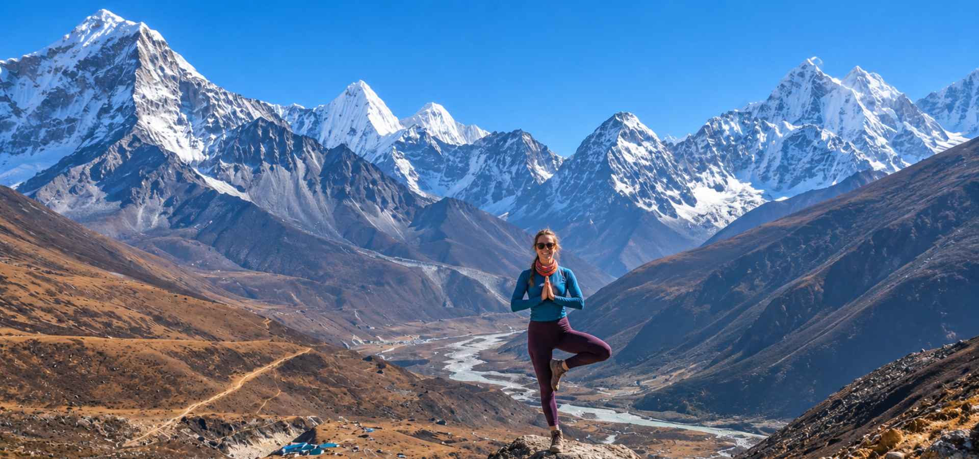 Trekker enjoying views of the Himalayan mountains in Nepal