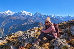Pikey Peak Trek Himalayan View Hiker enjoying Himalayan mountain views from Pikey Peak Trek in Nepal