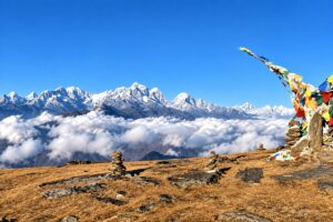 Pikey Peak Trek Viewpoint Pikey Peak Trek viewpoint with Himalayan mountains, prayer flags and stone cairns