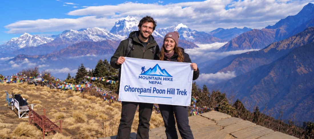 Trekkers at Poon Hill with Annapurna mountain views in Nepal