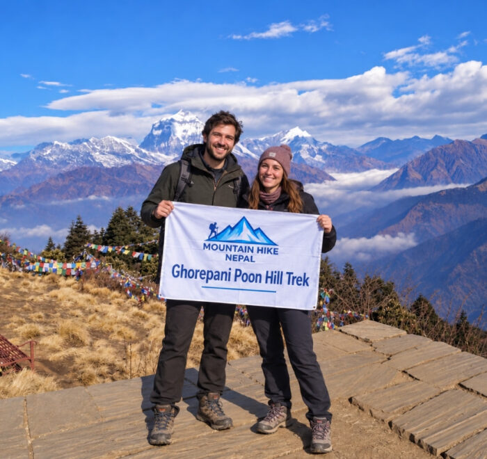 Trekkers at Poon Hill with Annapurna mountain views in Nepal