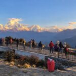 Trekkers watching the sunrise over the Annapurna and Dhaulagiri ranges from Poon Hill in Nepal