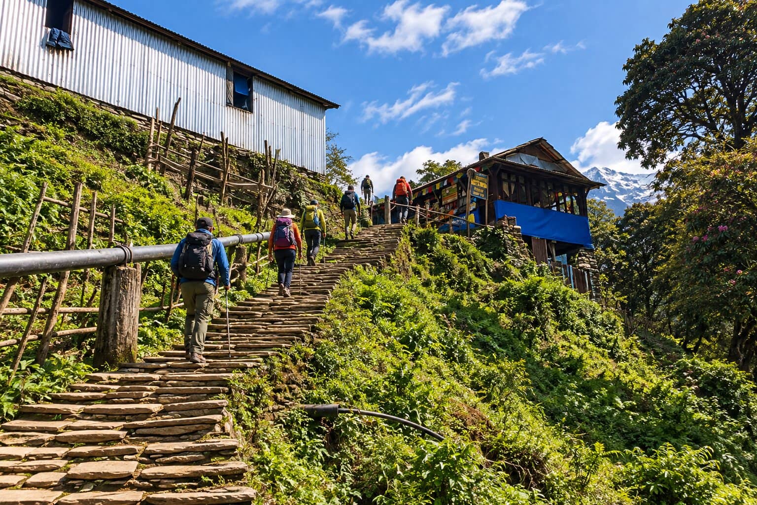 Trekkers climbing steep stone steps through Ulleri village on the Ghorepani Poon Hill Trek