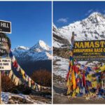A split-screen comparison showing the Poon Hill trail sign at 3,210 meters on the left and the Annapurna Base Camp welcome sign at 4,130 meters on the right, both set against snowy mountain backdrops in Nepal.