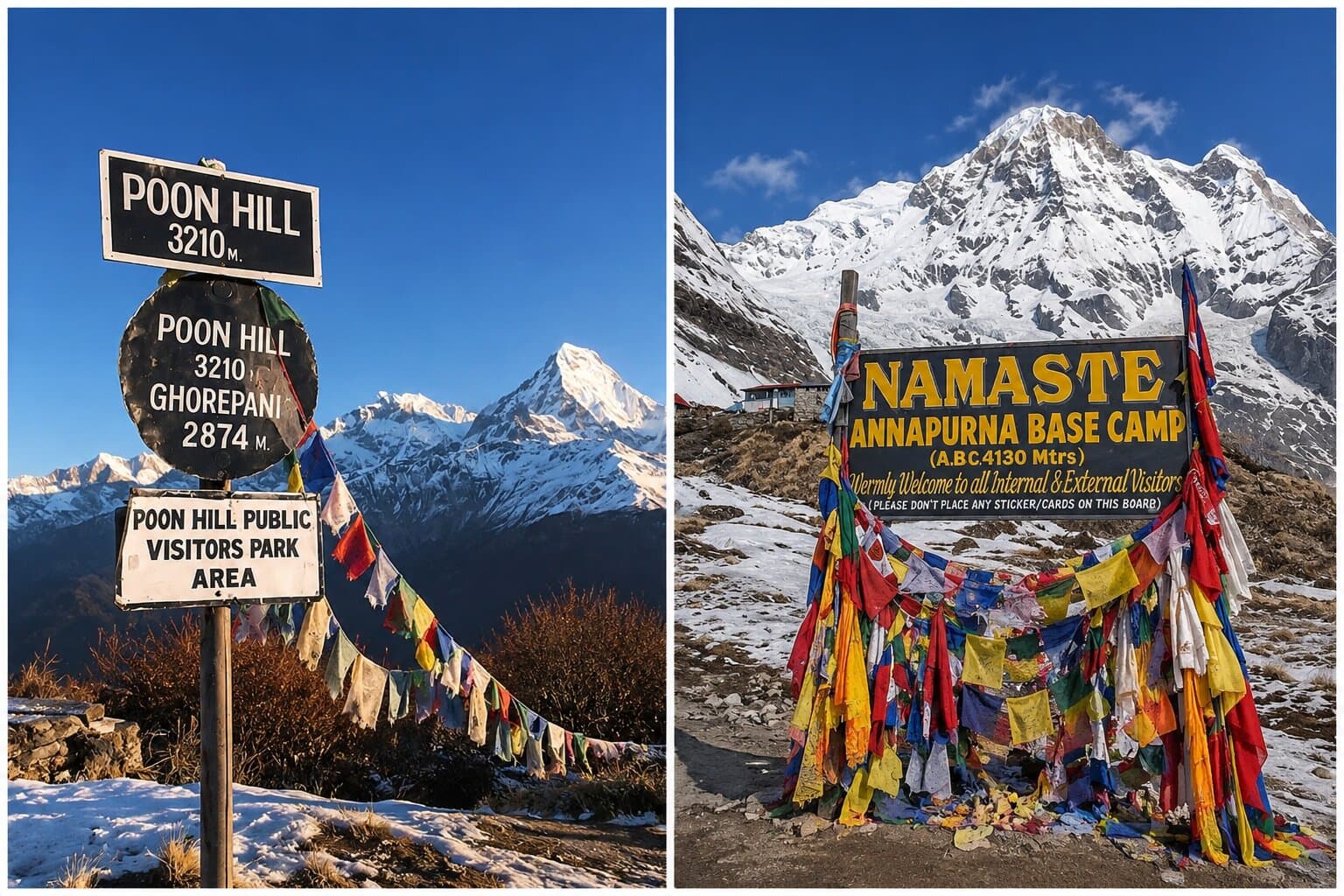 A split-screen comparison showing the Poon Hill trail sign at 3,210 meters on the left and the Annapurna Base Camp welcome sign at 4,130 meters on the right, both set against snowy mountain backdrops in Nepal.