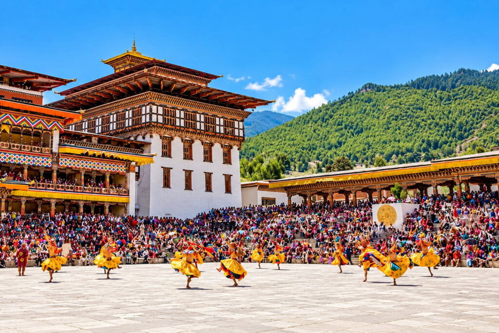 Dancers in traditional yellow silk costumes performing a Cham mask dance at the Thimphu Tshechu festival inside the courtyard of Tashichho Dzong in Bhutan.