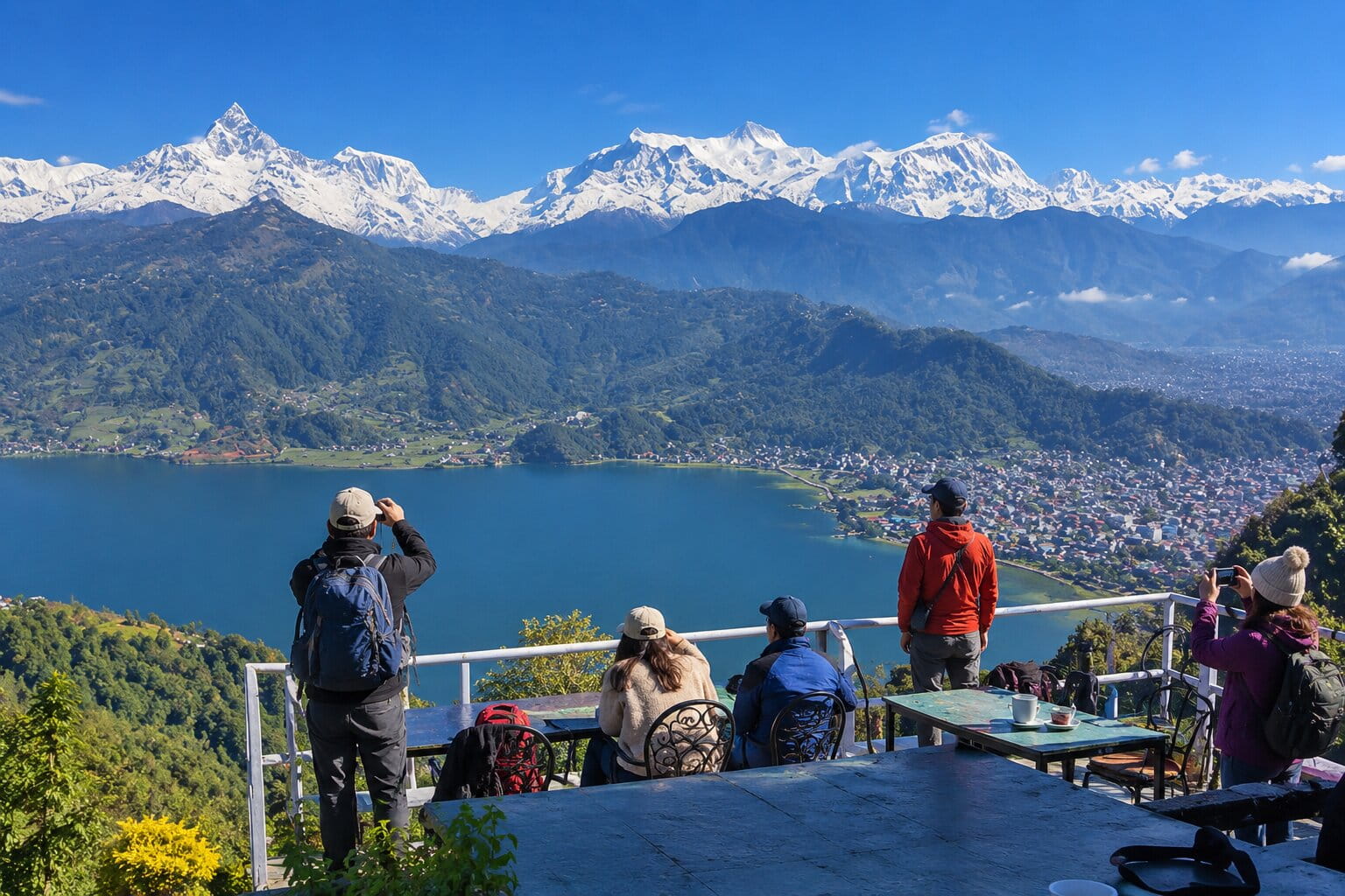 Tourists enjoying a view of Phewa Lake and the Annapurna range from Pokhara, Nepal