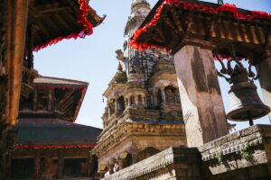 Vatsala Temple and Taleju Bell, Bhaktapur Carved stone Vatsala Durga temple beside the big bronze Taleju bell in Bhaktapur