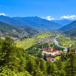 Paro Valley and town in Bhutan, seen from the hillside above