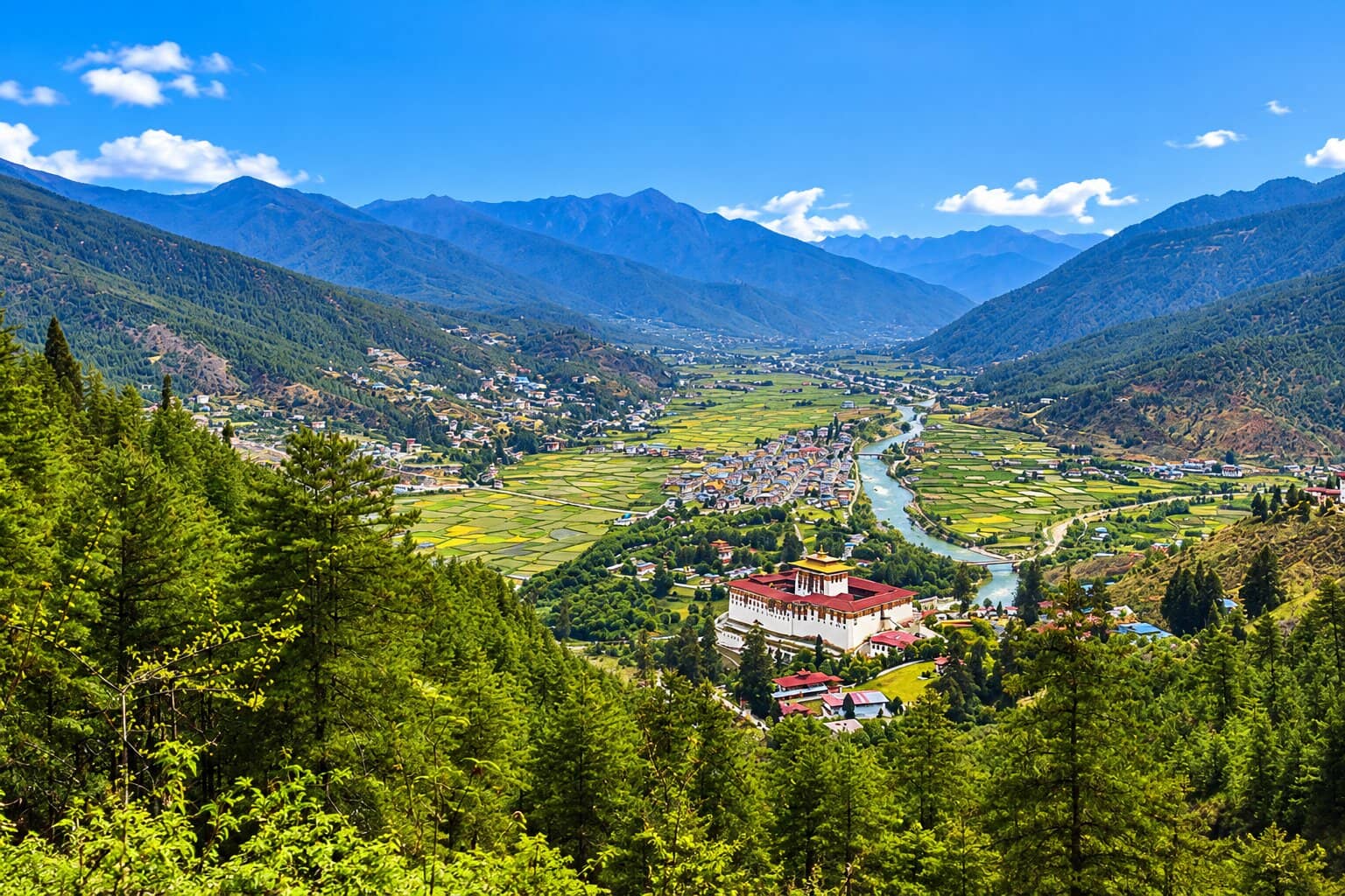 Paro Valley and town in Bhutan, seen from the hillside above