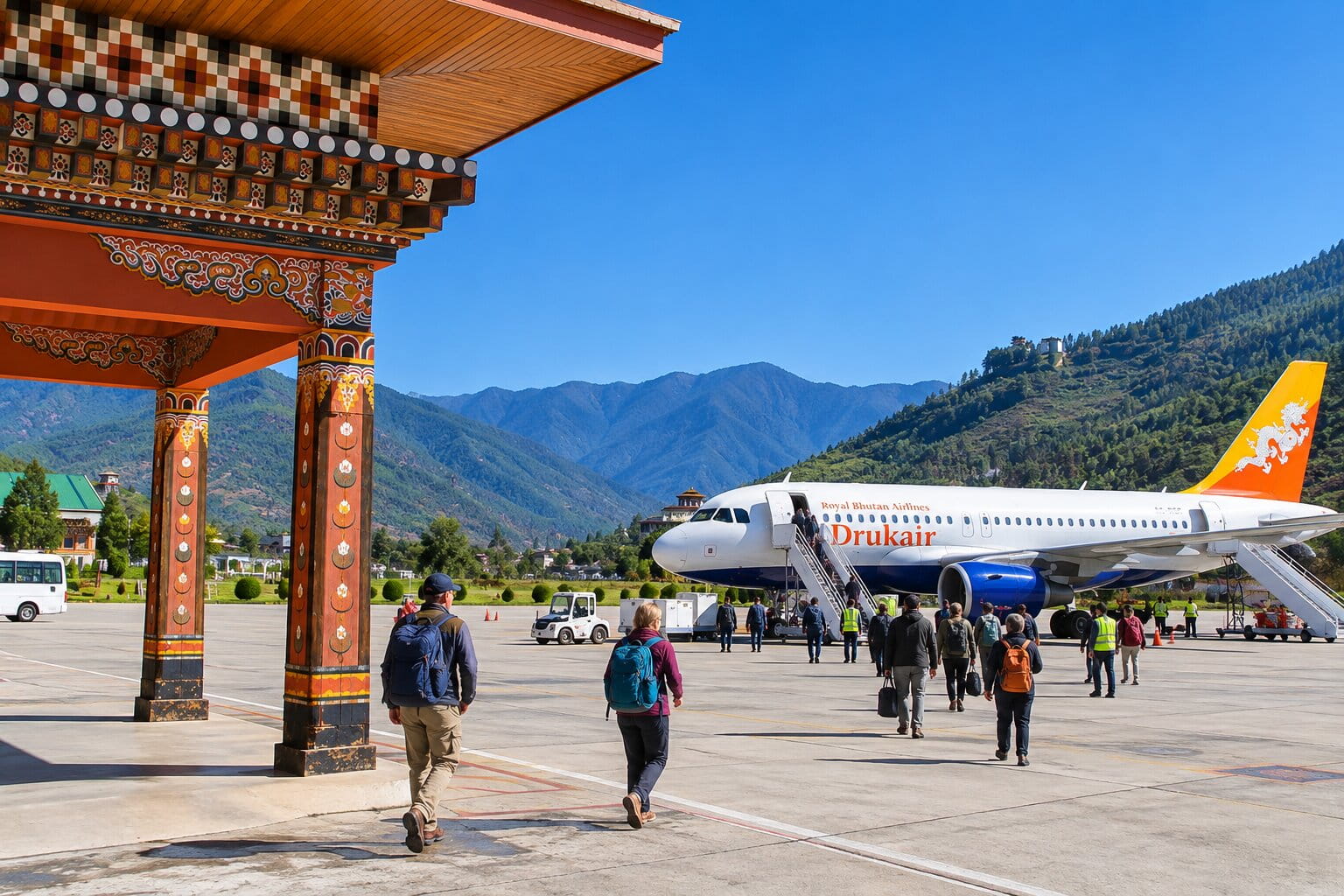 Plane at Paro International Airport with Himalayan hills around the valley