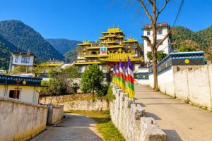 Buddhist monastery in Pharping Golden-roofed Tibetan Buddhist monastery with prayer flags and forested hills in Pharping